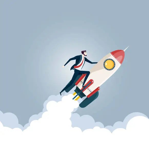 Vector illustration of Businessman flying on a rocket, Business startup concept