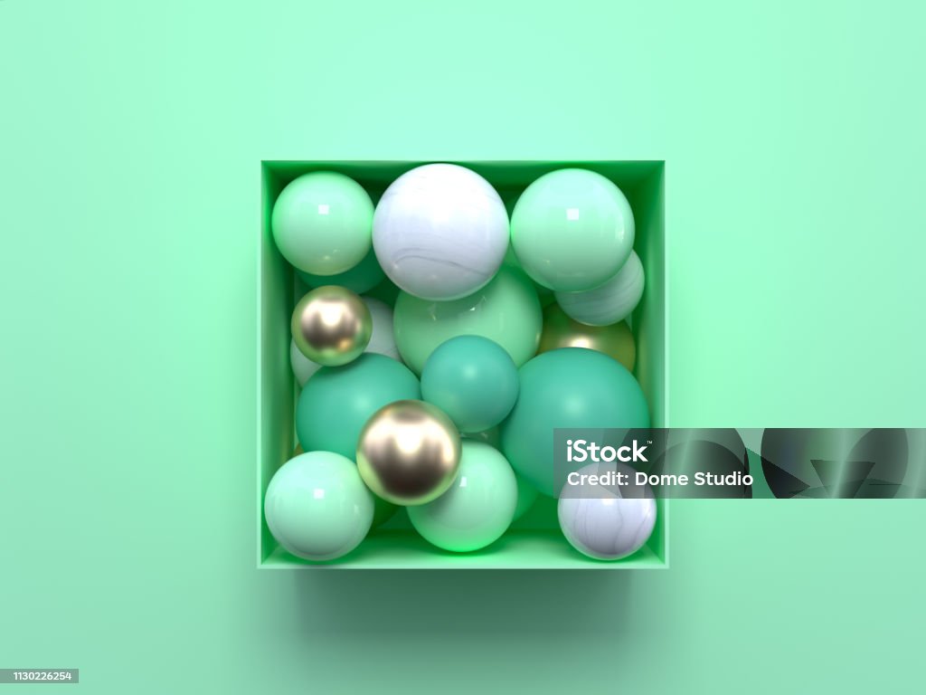flat lay soft green pastel scene abstract geometric shape gold white marble 3d rendering square/cube box sphere in side Sports Ball Stock Photo