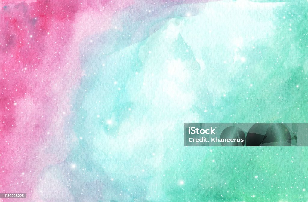 Light pink, blue and green layout with cosmic stars. Light pink, blue and green layout with cosmic stars. Watercolor galaxy sky background with stars. fantasy background and pastel color. Backgrounds stock illustration
