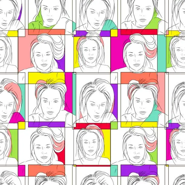 Vector illustration of Hand drawn black and white selfie girl faces.