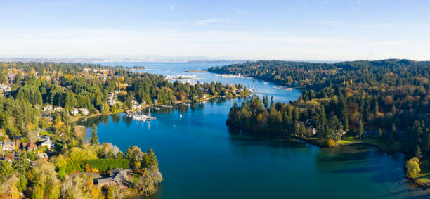 Winding Harbor Aerial View of Bainbridge Island Mt Rainier Seattle Winding Harbor Aerial View of Bainbridge Island Mt Rainier Seattle puget sound stock pictures, royalty-free photos & images