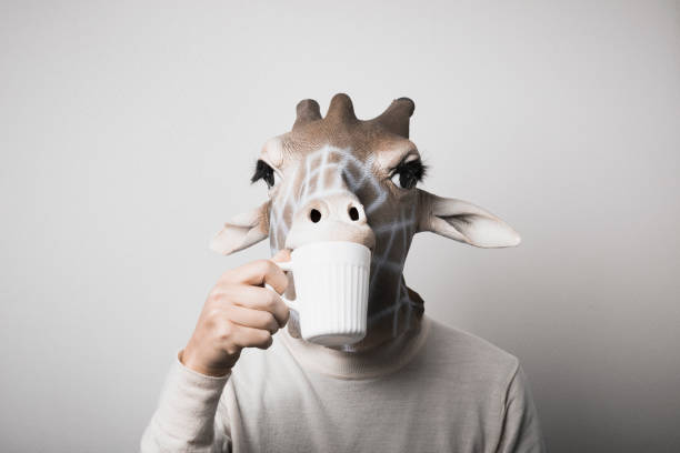 人的畫像與長頸鹿面具喝咖啡 - 動物像 個照片及圖片檔