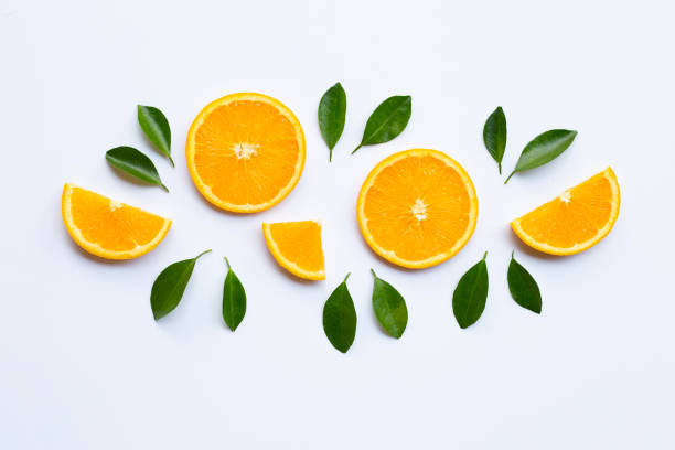 istock High vitamin C. Fresh orange citrus fruit with leaves isolated on white. 1130233805