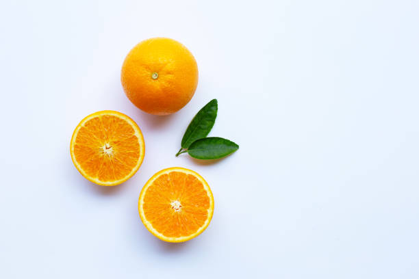 istock High vitamin C. Fresh orange citrus fruit with leaves isolated on white 1130233846