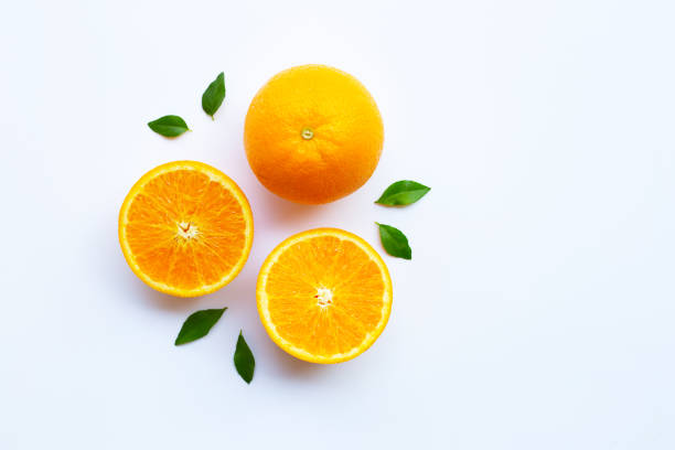 istock High vitamin C. Fresh orange citrus fruit with leaves isolated on white 1130233884