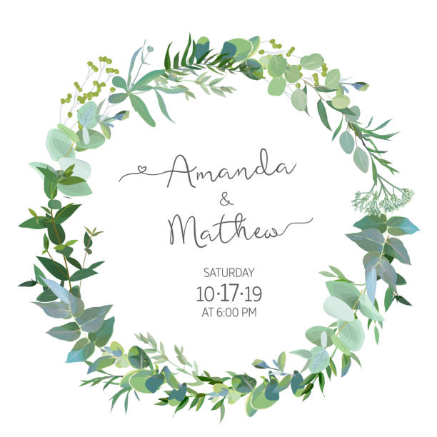 Greenery selection vector design round invitation frame Greenery selection vector design round invitation frame. Rustic wedding greenery. Mint, blue, green tones. Watercolor save the date card. Summer rustic style. All elements are isolated and editable green leaf white background stock illustrations