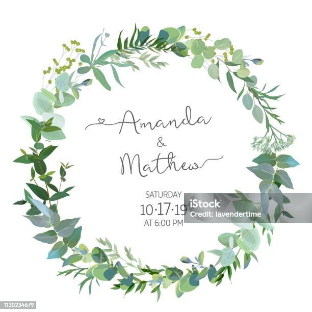 Greenery Selection Vector Design Round Invitation Frame Stock Illustration - Download Image Now