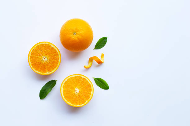 istock High vitamin C. Fresh orange citrus fruit with leaves isolated on white 1130235200