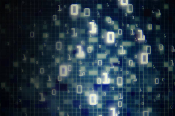 istock Matrix Futuristic space theme multiple exposure binary numbers moving down from top of the frame on blue and black background. blue block pixel for computer data transfer information concepts. 1130237993