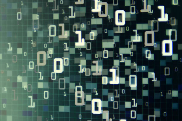 istock Matrix Futuristic space theme multiple exposure binary numbers moving down from top of the frame on blue and black background. blue block pixel for computer data transfer information concepts. 1130237994