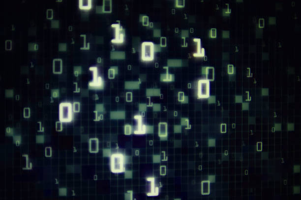 istock Matrix Futuristic space theme multiple exposure binary numbers moving down from top of the frame on blue and black background. blue block pixel for computer data transfer information concepts. 1130237995