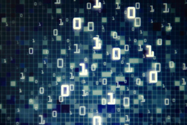 Matrix Futuristic space theme multiple exposure binary numbers moving down from top of the frame on blue and black background. blue block pixel for computer data transfer information concepts.