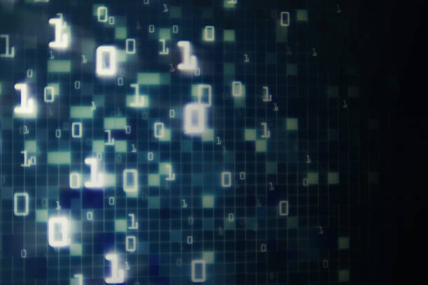 istock Matrix Futuristic space theme multiple exposure binary numbers moving down from top of the frame on blue and black background. blue block pixel for computer data transfer information concepts. 1130238000