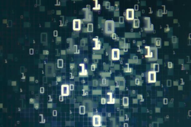 istock Matrix Futuristic space theme multiple exposure binary numbers moving down from top of the frame on blue and black background. blue block pixel for computer data transfer information concepts. 1130238002