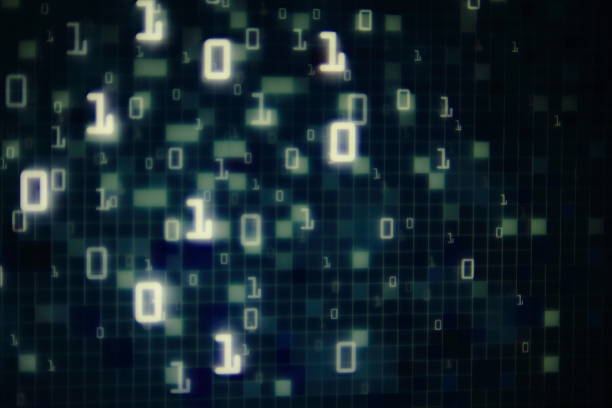 istock Matrix Futuristic space theme multiple exposure binary numbers moving down from top of the frame on blue and black background. blue block pixel for computer data transfer information concepts. 1130238003