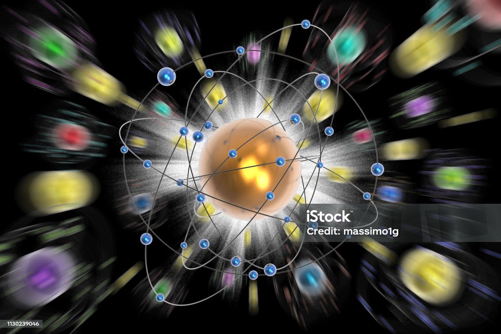 Space atoms planets black background - 3D illustration 3D illustration. Abstract image. Space, atoms, planets, molecules, electrons on black background. Abstract Stock Photo