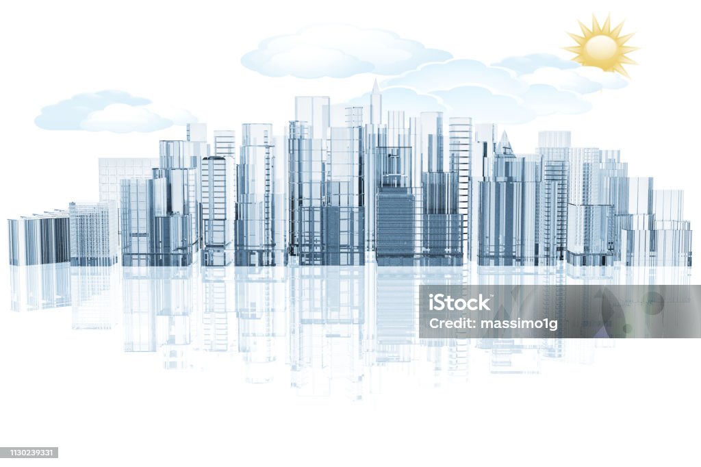 White city skyline - 3D illustration 3D illustration. City skyline on white background with reflection. Architecture Stock Photo