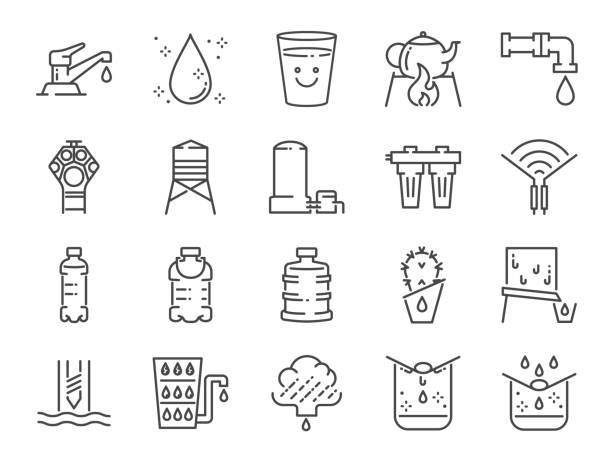 stockillustraties, clipart, cartoons en iconen met schoon water lijn pictogramserie. opgenomen iconen als drankje, drinkbaar, filter, reinigers, vocht en meer. - waterkoeler