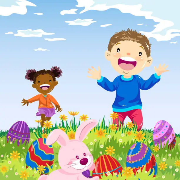 Vector illustration of Kids Playing Easter Egg Hunt