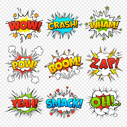 Comic bubbles. Funny comics words in speech bubble frames. Wow oops bang zap thinking clouds. Expression balloons vector set