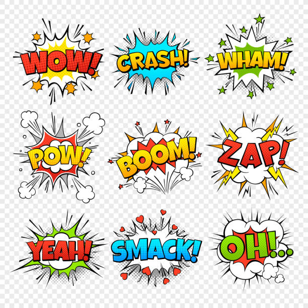 Comic bubbles. Funny comics words in speech bubble frames. Wow oops bang zap thinking clouds. Expression balloons set Comic bubbles. Funny comics words in speech bubble frames. Wow oops bang zap thinking clouds. Expression balloons vector set punch stock illustrations