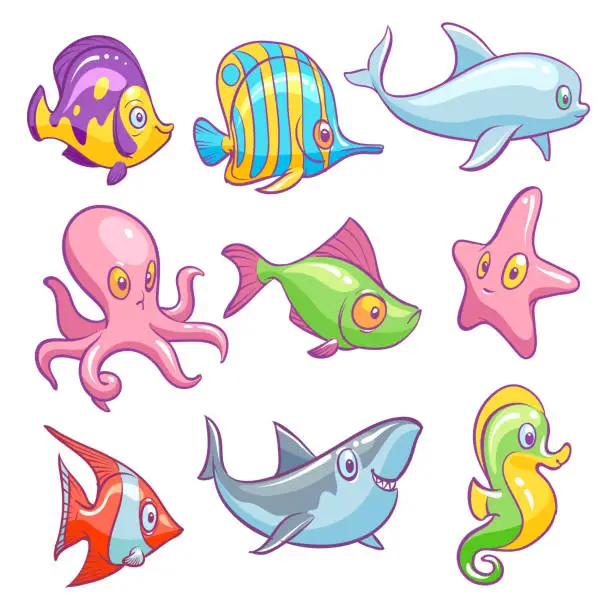 Vector illustration of Underwater animals. Cute sea tropical fishes funny ocean underwater animal kids vector isolated set