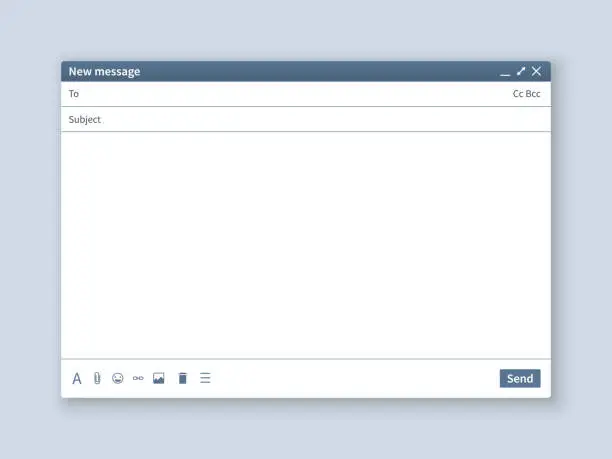 Vector illustration of Blank email screen. Mail message interface blank mockup internet window computer, box page web software browser