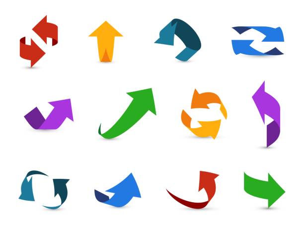 Arrow 3d set. Colorful arrows symbols economy info circular path interface up down internet direction cursor icons Arrow 3d set. Colorful arrows symbols economy info circular path interface up down internet direction cursor icons vector illustration ribbon twist spiral stock illustrations