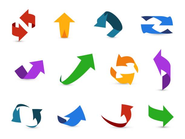 Arrow 3d set. Colorful arrows symbols economy info circular path interface up down internet direction cursor icons Arrow 3d set. Colorful arrows symbols economy info circular path interface up down internet direction cursor icons vector illustration turning back stock illustrations