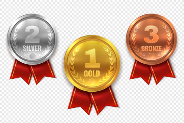Realistic award medals. Winner medal gold bronze silver first place trophy champion honor best circle ceremony prize Realistic award medals. Winner medal gold bronze silver first place trophy champion honor best shiny circle ceremony prize, vector set gold medal stock illustrations