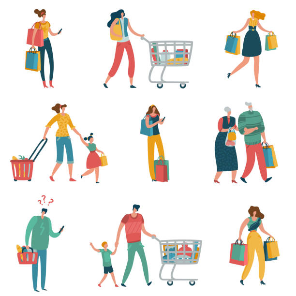 Shopping people. Persons shop family basket cart consume retail purchase store shopaholic mall supermarket shopper flat Shopping people. Persons shop family basket cart consume retail purchase store shopaholic mall supermarket shopper flat vector set supermarket family retail cable car stock illustrations