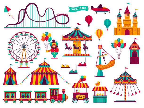 vergnügungspark-attraktionen festgelegt. karneval zu unterhalten kinder karussells spiele festplatz attraktion spielen achterbahn - riesenrad stock-grafiken, -clipart, -cartoons und -symbole