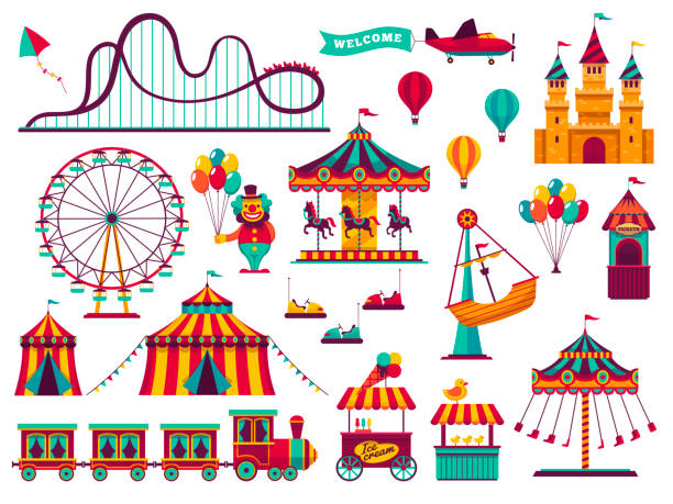 Amusement park attractions set. Carnival amuse kids carousels games fairground attraction play rollercoaster Amusement park attractions set. Carnival amuse kids carousels games fairground attraction play rollercoaster, flat vector illustration ferris wheel stock illustrations