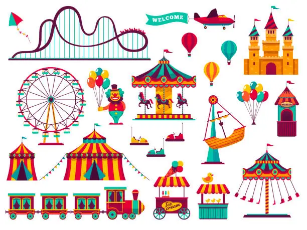 Vector illustration of Amusement park attractions set. Carnival amuse kids carousels games fairground attraction play rollercoaster