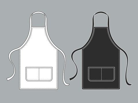 Chef apron. Black white culinary aprons chef uniform kitchen cotton kitchen worker woman wearing waiter vest isolated vector template