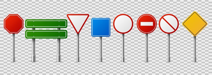 Traffic road realistic signs. Empty highway speed street sign, danger red circle vector isolated set on transparent background