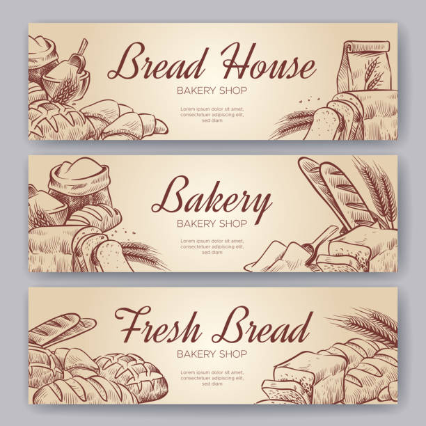 bäckerei-banner. handgezeichnete kochen brot bäckerei bagel brot gebäck roggen backen pumpernickel kulinarische banner backset - pumpernickel stock-grafiken, -clipart, -cartoons und -symbole