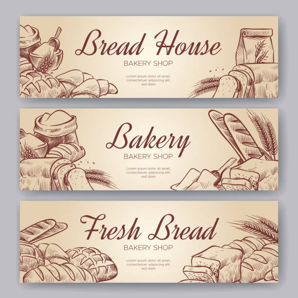 banery piekarnicze. ręcznie rysowane gotowanie chleba piekarnia pieczywo pieczywo ciasto żyta piec pieczenia pumpernickel kulinarny banner zestaw - baguette stock illustrations
