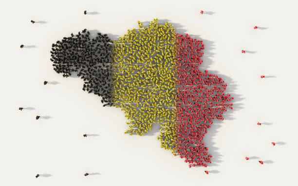 duża grupa osób tworzących mapę belgii i flagę narodową w mediach społecznościowych i koncepcji komunikacji na białym tle. symbol znaku 3d ilustracji tłumu z góry zebranych razem - belgium map flag three dimensional shape zdjęcia i obrazy z banku zdjęć