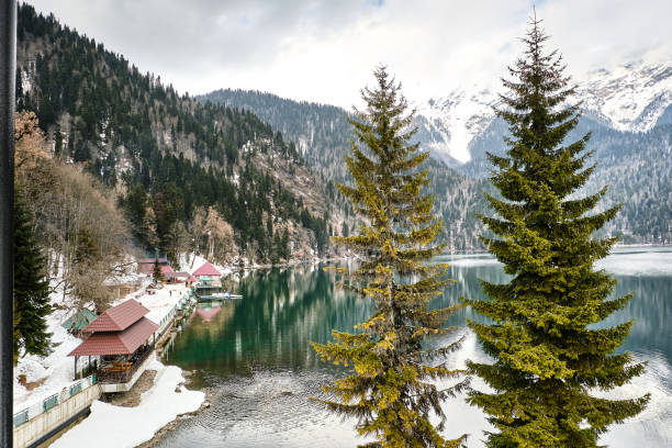 Snowy winter on Lake Ritsa, Abkhazia, Caucasus