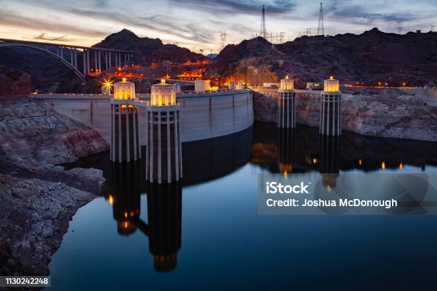 Hoover Dam At Sunset Nevada Arizona Stock Photo - Download Image Now - Arizona, Blue, Bridge - Built Structure