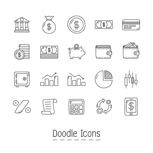 Doodle Financial Icons. Hand Drawn Icon Set. bank financial building drawings stock illustrations