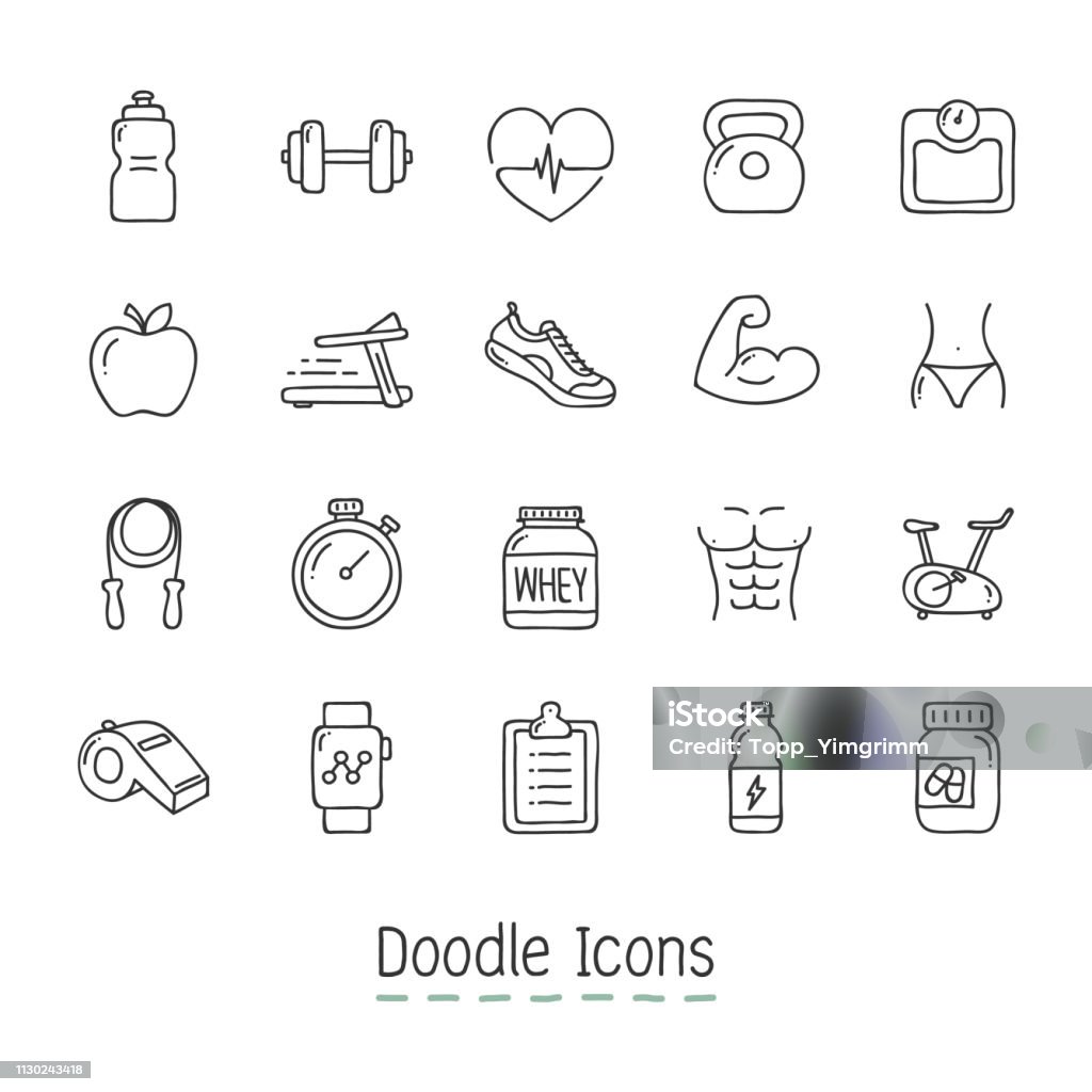 Doodle Health And Fitness Icons. Hand Drawn Icon Set. Icon Symbol stock vector