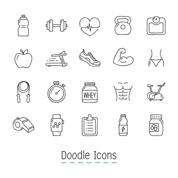 Doodle Health And Fitness Icons. Hand Drawn Icon Set. gym symbols stock illustrations