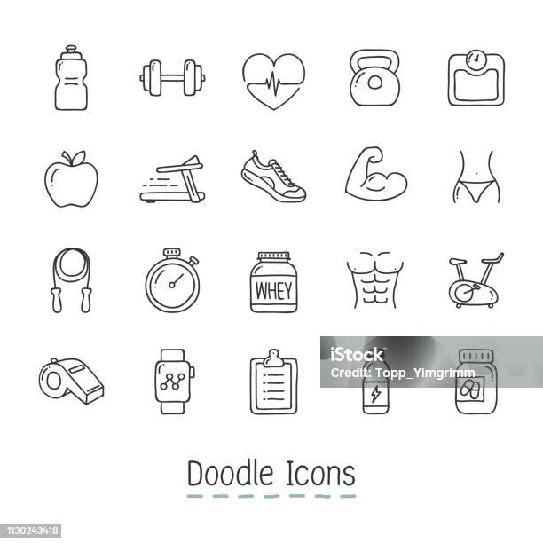 Doodle Health And Fitness Icons Stock Illustration - Download Image Now - Icon Symbol, Exercising, Sports Shoe