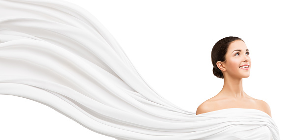 Woman Beauty Portrait, White Dress Cloth Wave, Young Girl Looking Side in Waving Fabric Shawl over white background