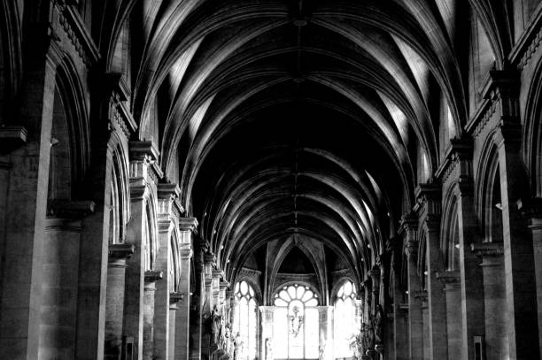 istock Church ceiling architecture, typical interior for gothic style. Europe, France 1130243636