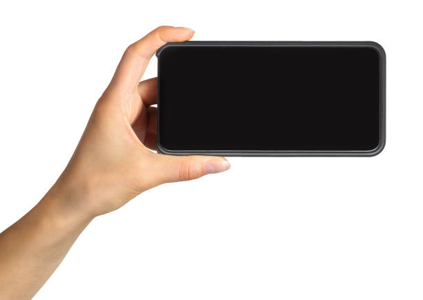 블랙 스마트 폰을 보여주는 여자의 손, 사진 또는 셀 카 촬영의 개념 - 사진 메시지 뉴스 사진 이미지