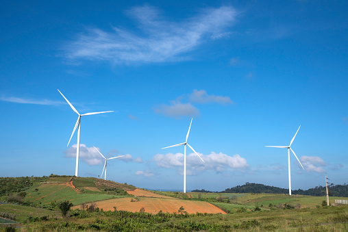Landscape view of windmill farm in the mountains at Khao Kor, Thailand. Wind turbines for power and energy.