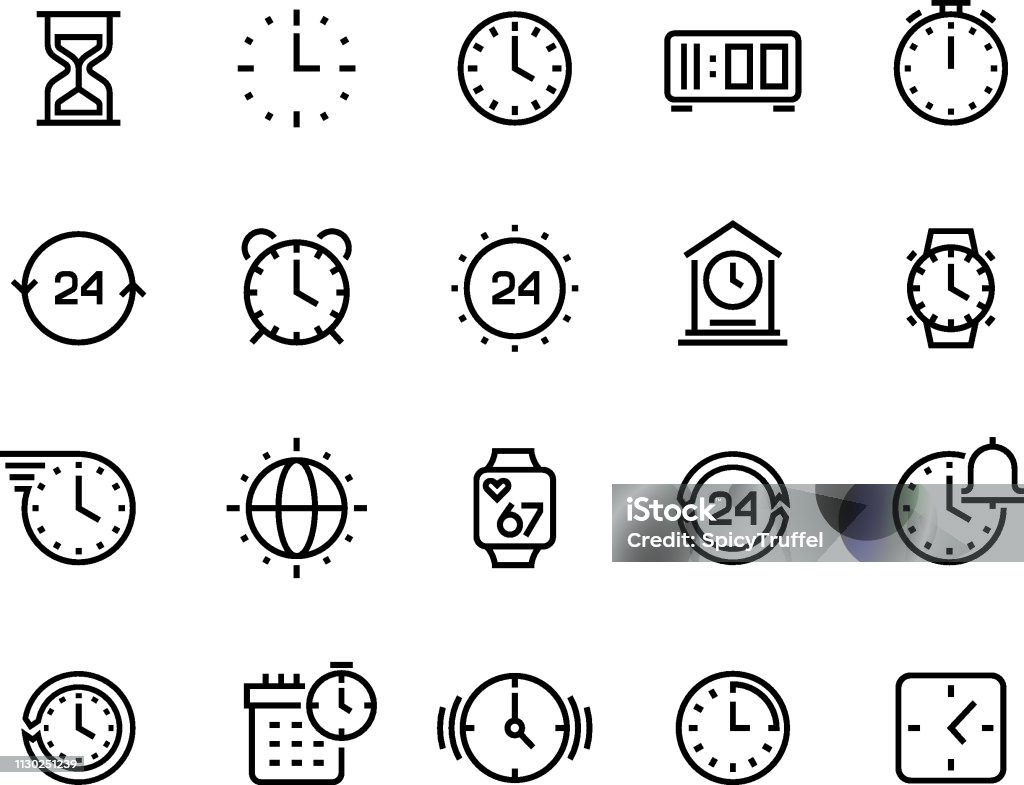 Tid linje ikoner. Klockan calendar timer klocka och timglas vektor symboler, väntar och arbetar timmar piktogram isolerade - Royaltyfri Ikon vektorgrafik